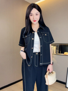 大码女装夏装时尚套装胖mm高级感遮肉短袖衬衫外套宽松裤子两件套