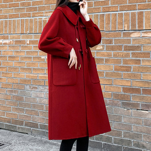 大码结婚红色过年毛呢外套女中国风胖mm200斤宽松时尚牛角扣大衣