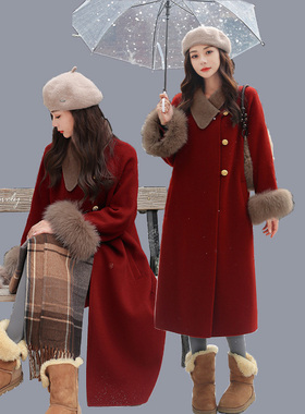 25冬新款大码毛呢羽绒服女胖mm红色新年呢子外套加厚宽松长大衣潮