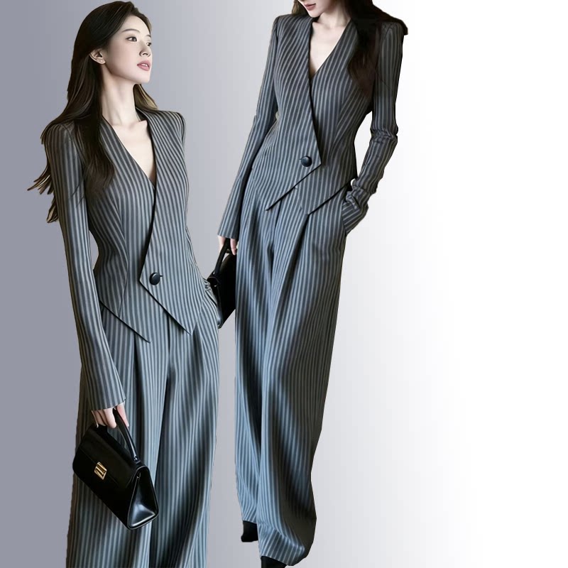 春秋新款条纹v领西装胖mm大码阔腿裤两件套气质通勤高级感套装女