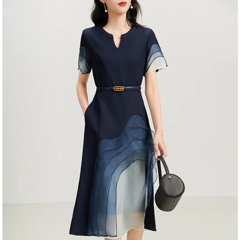 夏季大码胖mm设计感水墨渐变连衣裙不规则气质中长款裙子200斤潮