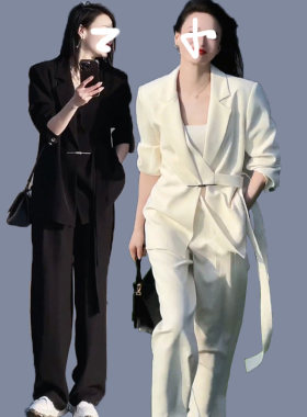 大码女装春秋胖mm时尚套装设计感绑带西装外套阔腿裤两件200职业