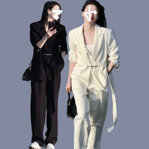 大码女装春秋胖mm时尚套装设计感绑带西装外套阔腿裤两件200职业