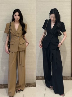 时尚大码夏薄款修身短袖西装套装女通勤胖mm网红阔腿裤两件套职业