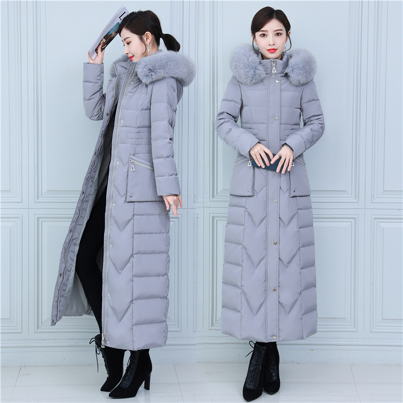 胖mm羽绒服女到脚踝修身加厚防寒保暖大码真狐狸大毛领超长款外套