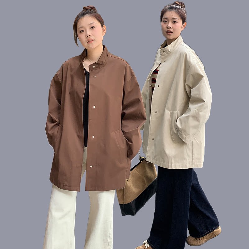 大码中长款立领高级感廓形风衣春秋季胖mm复古显瘦减龄宽松外套女