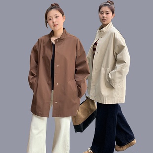 大码中长款立领高级感廓形风衣春秋季胖mm复古显瘦减龄宽松外套女