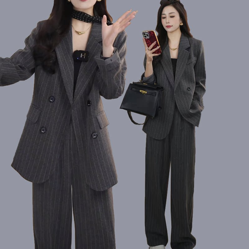 大码灰色气质西装套装春秋胖mm阔腿裤高级感休闲职业外套女两件潮