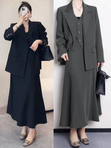 春秋大码假两件西装外套女遮肉胖mm半身裙两件套装200斤时尚职业