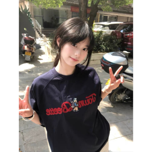 藏青色刺绣字母小熊短袖 上衣 t恤女2026设计感小众ins潮牌宽松半袖