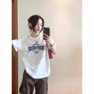 2026新款 t恤女夏季 宽松设计感正肩上衣 高街白色短袖 重磅纯棉美式