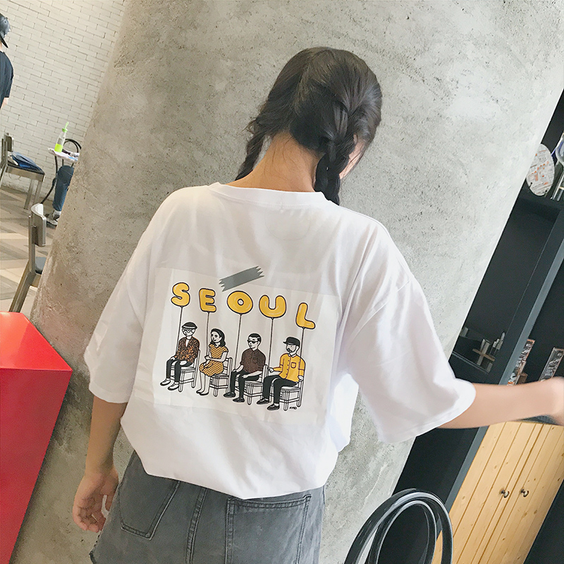 夏季装韩版少女宽松半截中袖上衣服初中高中学生大款胖mm短袖T恤