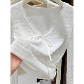 女 内搭低领显身材小衫 独特绝美蝴蝶结v领蕾丝加绒打底衫 秋冬短款