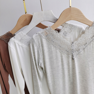 t恤女洋气修身 欧洲站2021秋装 蕾丝v领长袖 时尚 衣莫代尔打底 新款