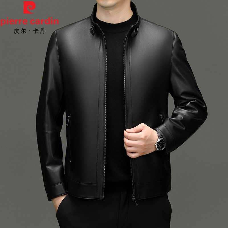 皮尔卡丹海宁真皮皮衣男商务立领皮夹克春秋新款中年爸爸休闲外套