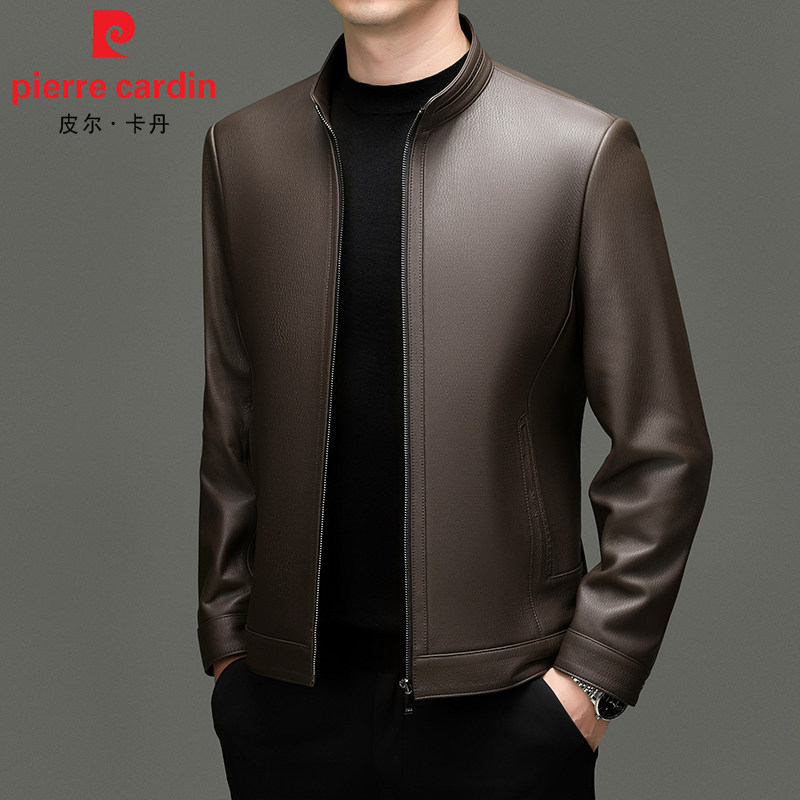 皮尔卡丹翻领真皮皮衣男士外套绵皮衣