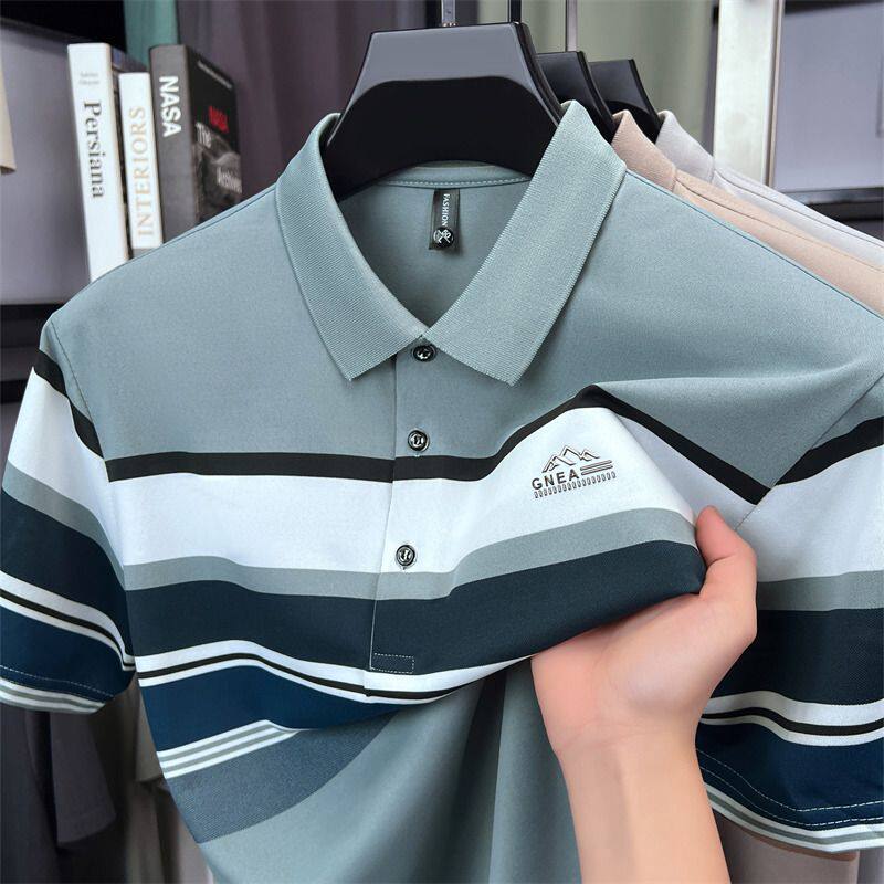 爸爸短袖t恤POLO衫男士夏季薄款上衣条纹半袖衣服冰丝中老年