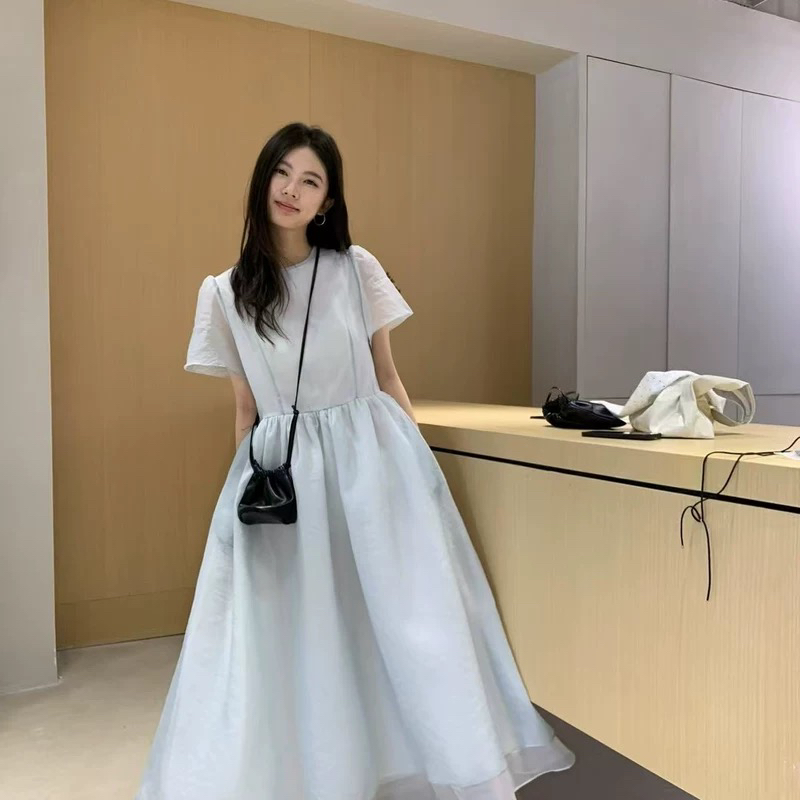 IF 现货～韩系2025夏款双层欧根纱连衣裙宽松显瘦设计感短袖长裙