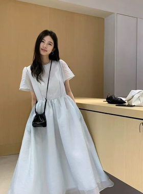 IF 现货～韩系2025夏款双层欧根纱连衣裙宽松显瘦设计感短袖长裙