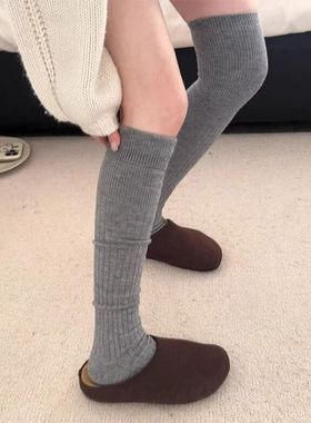 may3socks 纯色简约miu风分段式堆堆袜拉绒绵羊毛防滑长筒过膝袜