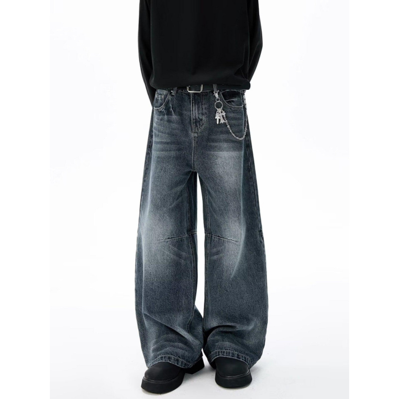 美式水洗做旧牛仔裤男秋冬季潮牌垂感宽松直筒裤痞帅休闲牛仔长裤