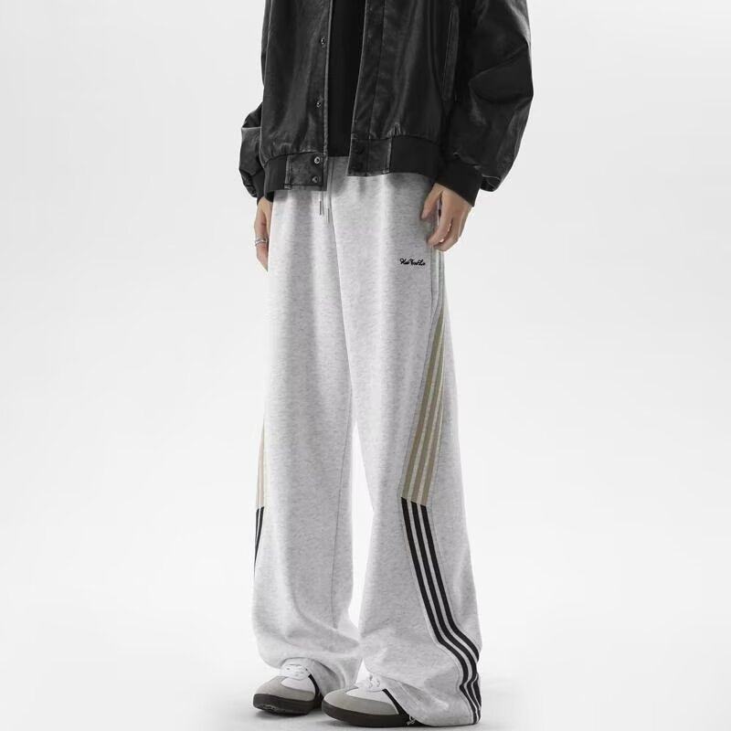 美式条纹卫裤男款秋冬季潮牌加绒重磅直筒裤子学生宽松休闲运动裤