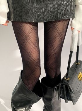 May3socks 性感黑色菱形格子丝袜女黑丝连裤袜美腿春秋网眼打底袜