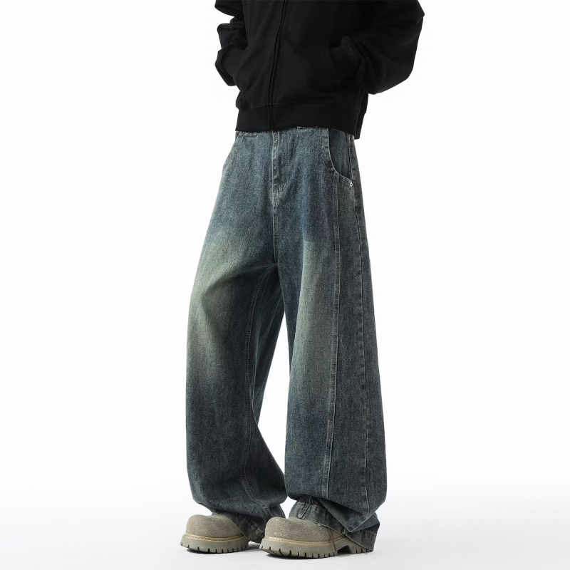 美式高街拼接工装牛仔裤男秋冬季宽松直筒休闲弯刀阔腿裤牛仔长裤