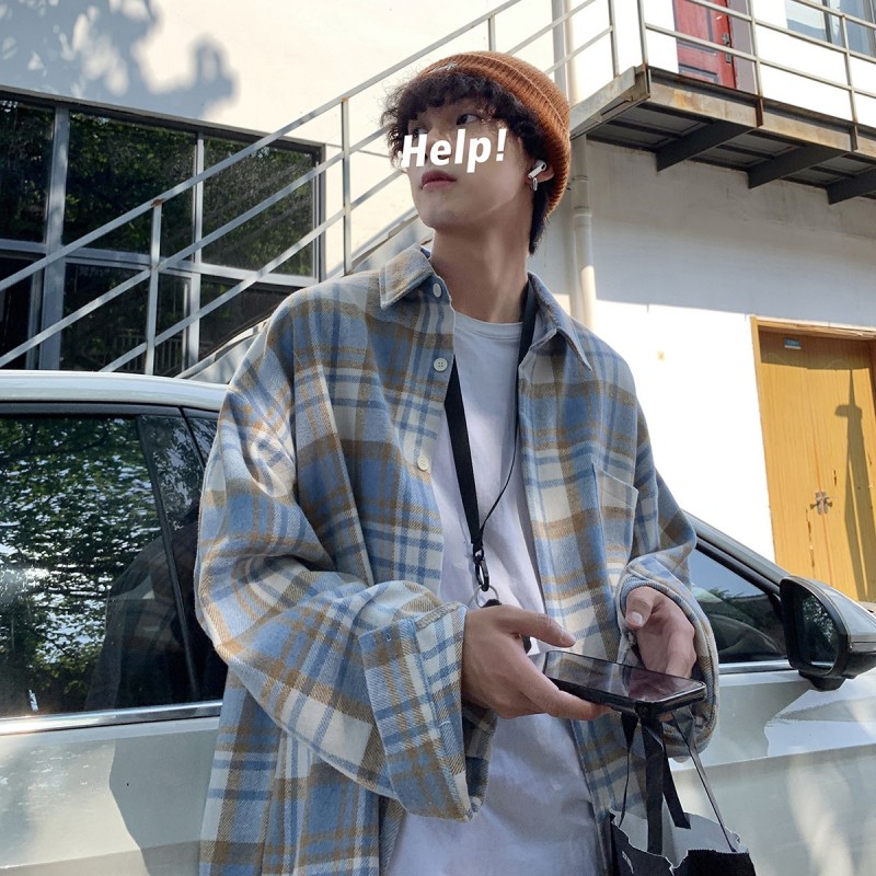 秋冬季日系毛呢格子长袖衬衫男潮牌潮流情侣休闲宽松痞帅衬衣外套
