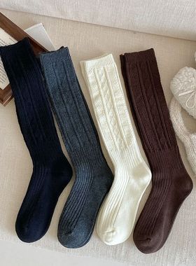 灰色小腿袜子女秋冬外穿百搭日系jk风菱格竖条微压显瘦及膝长筒袜