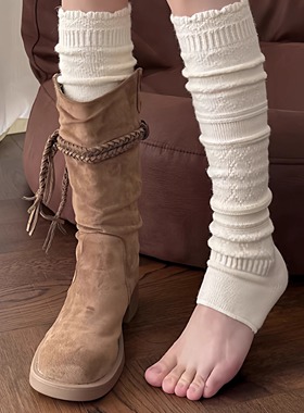 白色花边踩脚袜套女秋冬季镂空针织堆堆袜保暖小腿袜长筒袜配靴子