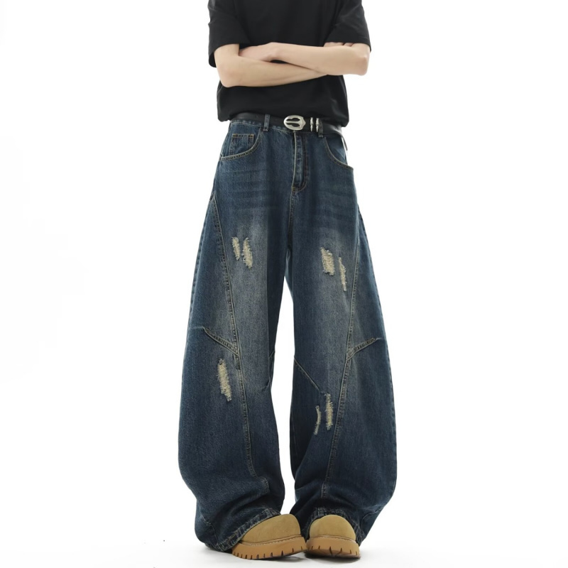 美式高街破洞弯刀牛仔裤男秋冬季潮牌宽松直筒阔腿裤学生牛仔长裤