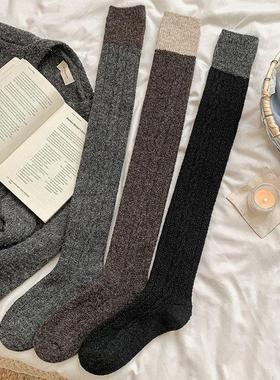 复古灰咖系拼色暖绒过膝袜子女秋冬ins风保暖百搭显瘦大腿堆堆袜
