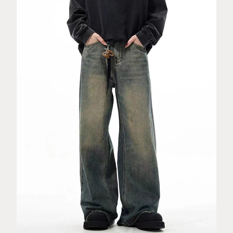 美式复古高街直筒牛仔裤男秋冬款潮牌做旧休闲宽松阔腿裤牛仔长裤