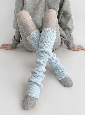 蓝色秋冬保暖针织堆堆袜套女55cm方格踩脚中筒护腿腿套防滑小腿袜