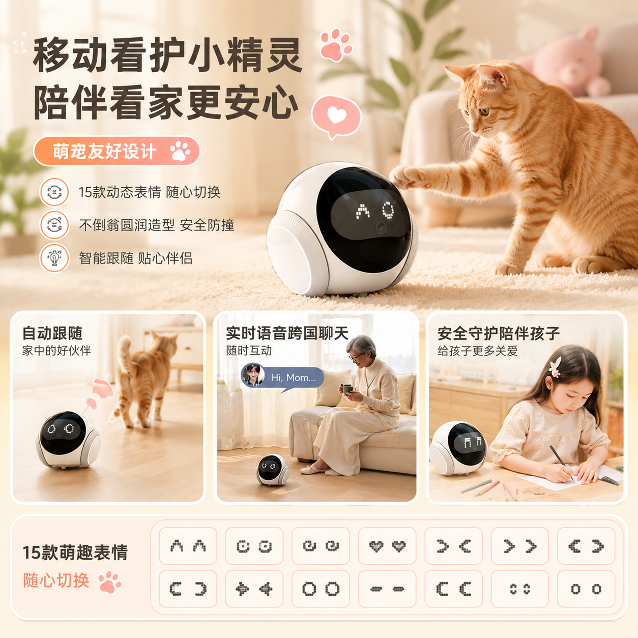 AI宠物陪伴机器人可移动全屋行走摄像头 室内家用监控360无线远程