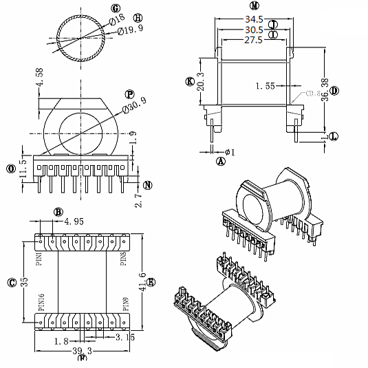 磁芯骨架卧式ER4220高频变压器