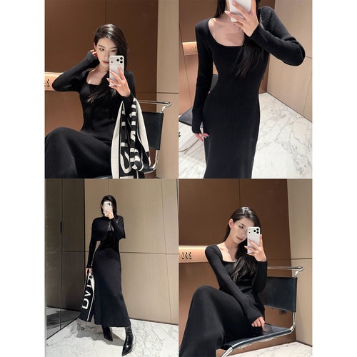 PAPERLLL辛间 左岸未言 优雅知性披肩U领连衣裙女修身针织套装