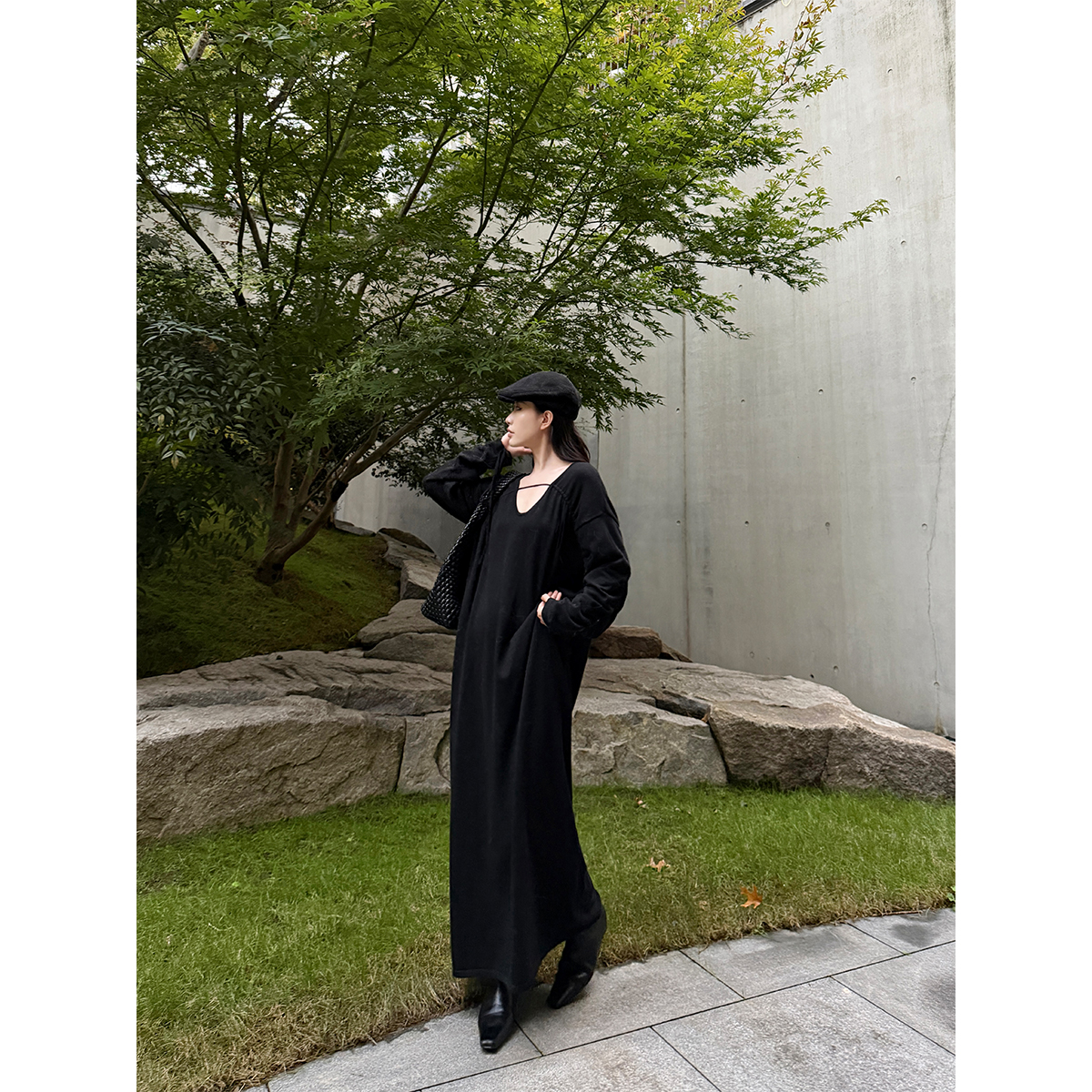 PAPERLLL辛间 颈间光影 法式大V领抽绳袖羊毛连衣裙女冬慵懒长裙