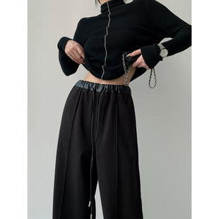 PAPERLLL辛间高腰显瘦松紧腰垂感设计感直筒宽松黑色阔腿裤女秋冬