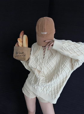 PAPERLLL辛间衬衫领白色毛衣秋冬女慵懒高级感菱格纹宽松针织上衣