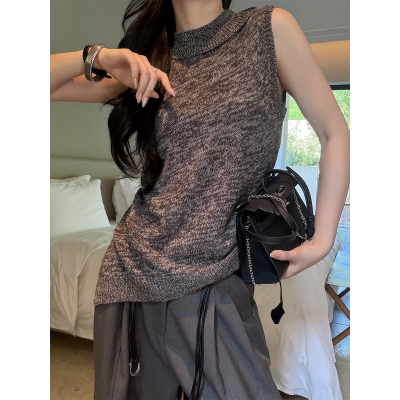 PAPERLLL辛间 城市留白 松弛感羊毛翻领无袖斜摆针织背心女秋上衣
