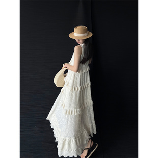 PAPERLLL辛间 罗曼庄园 重工棉布绣花 V领无袖长款蕾丝连衣裙女夏