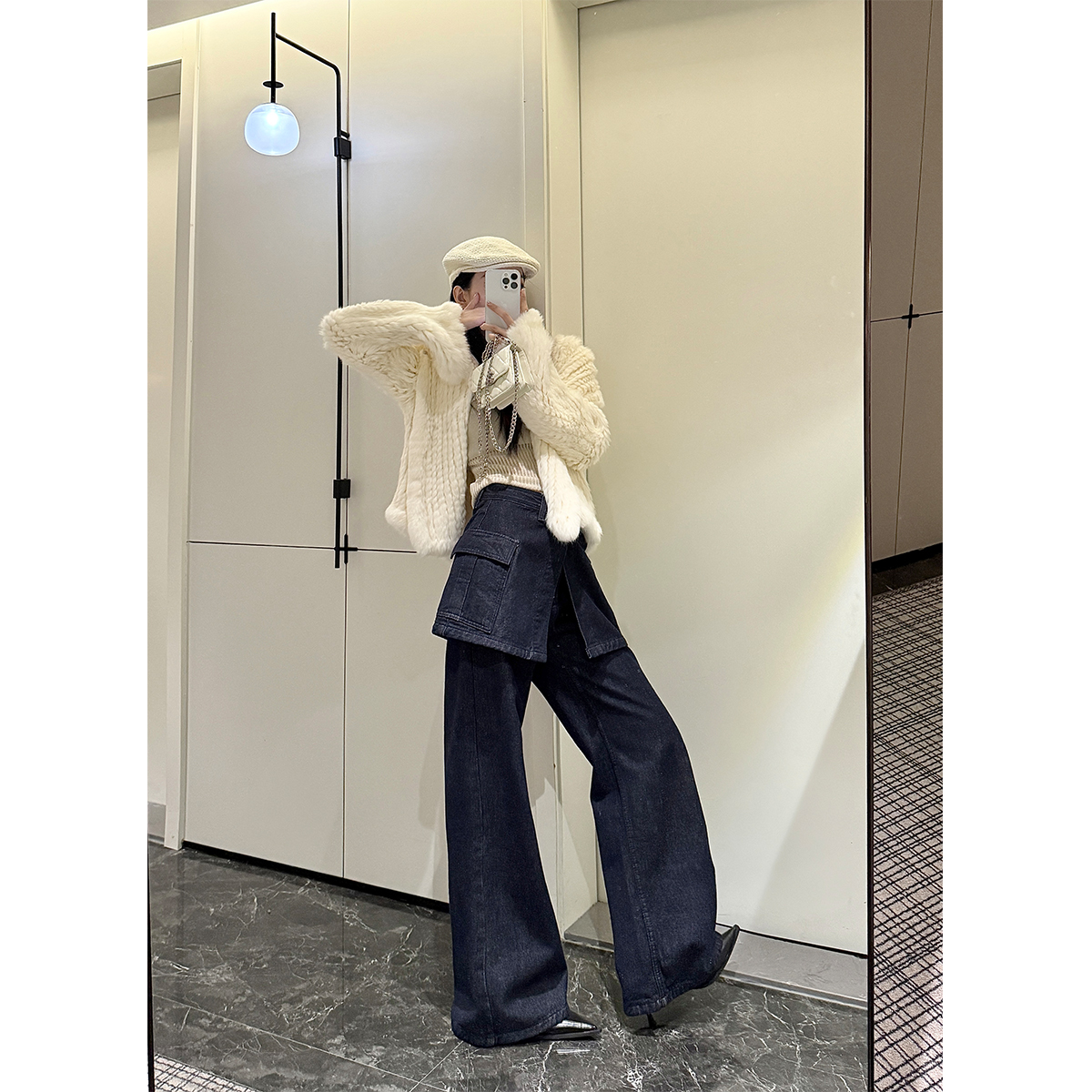 PAPERLLL辛间设计感高腰加绒微喇牛仔裤+牛仔半裙叠穿两件套女冬