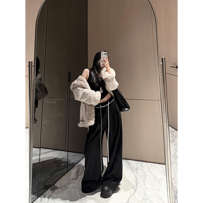 PAPERLLL辛间 闲适格调 肌理感加绒羊毛阔腿裤女冬撞色条休闲长裤