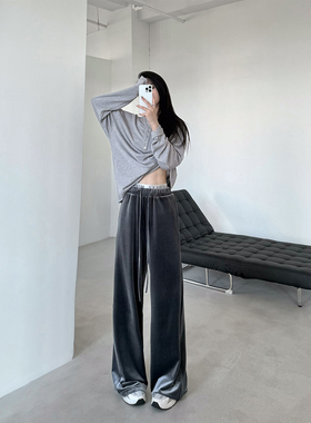 PAPERLLL辛间秋冬双腰头金丝绒裤子女垂感休闲直筒拖地裤阔腿长裤