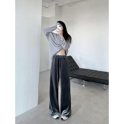 PAPERLLL辛间秋冬双腰头金丝绒裤子女垂感休闲直筒拖地裤阔腿长裤