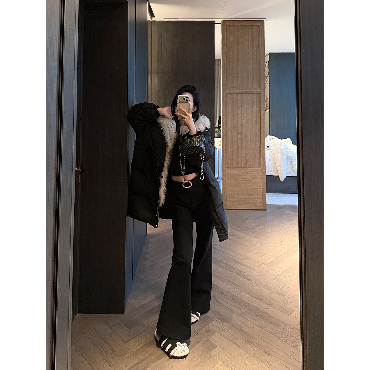 PAPERLLL辛间 出场焦点 明线金属日字袢喇叭裤女冬季显瘦加绒长裤