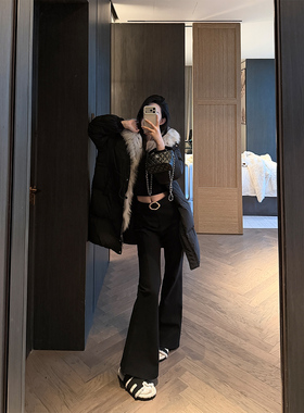 PAPERLLL辛间 出场焦点 明线金属日字袢喇叭裤女冬季显瘦加绒长裤