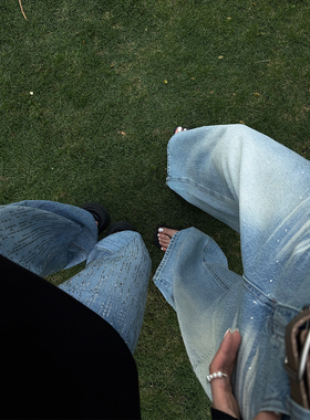 PAPERLLL辛间 Bling蓝天 烫钻猫须纹做旧牛仔裤女春夏高腰阔腿裤